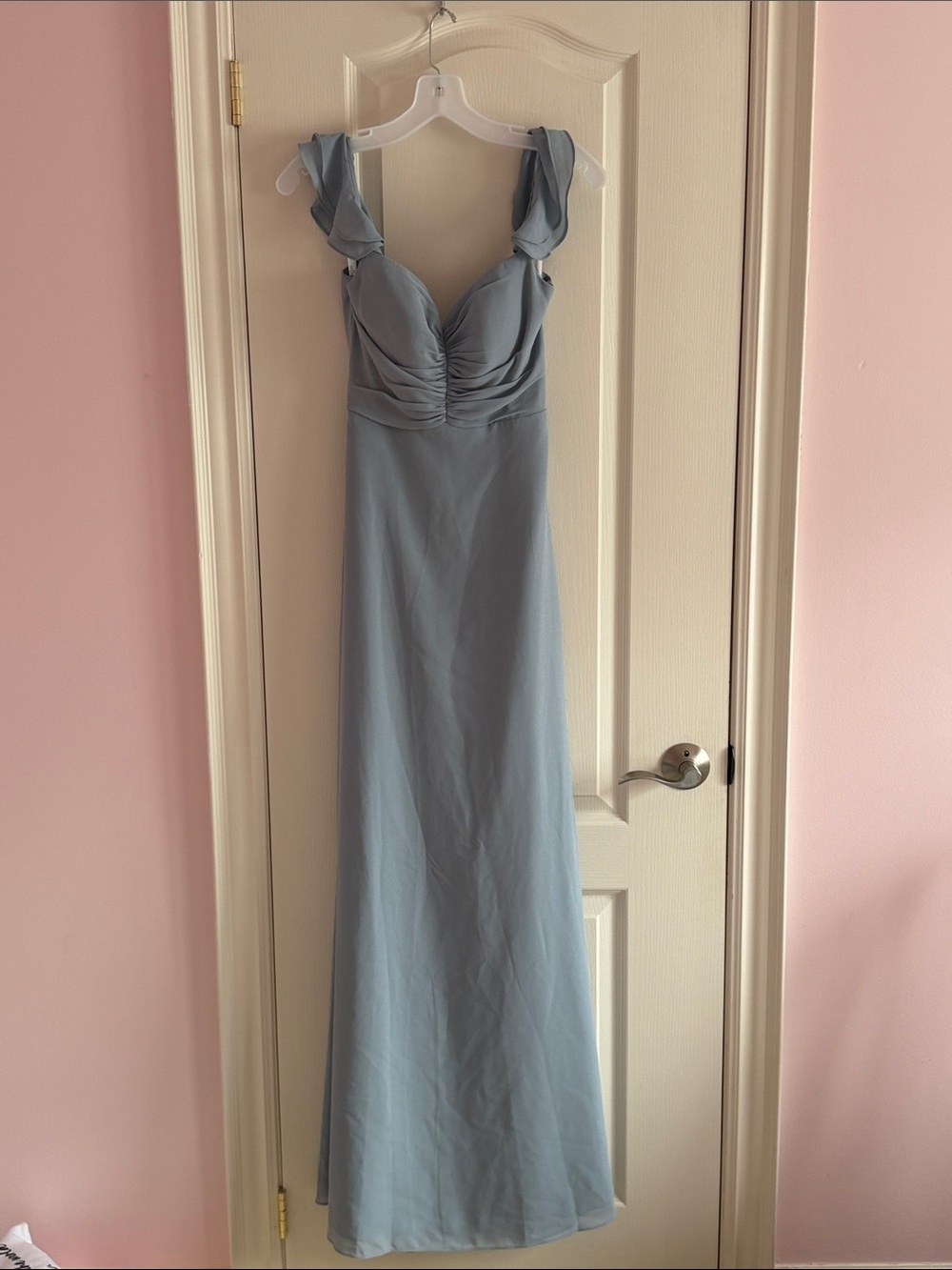 Dusty Blue Maxi Dress with Ruched Bodice and Twisted Shoulder Straps